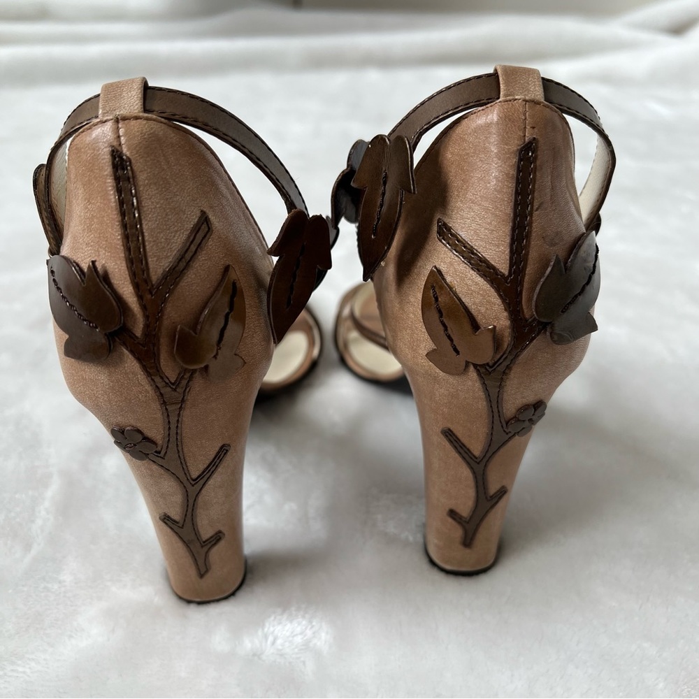 Prada Leather Square Toe Ankle Strap Sandals vintage 2000s y2k bronze floral - Picture 5 of 8